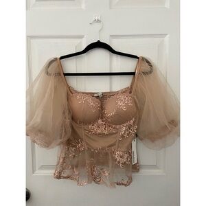 NWT Tan corset top with mesh sleeves